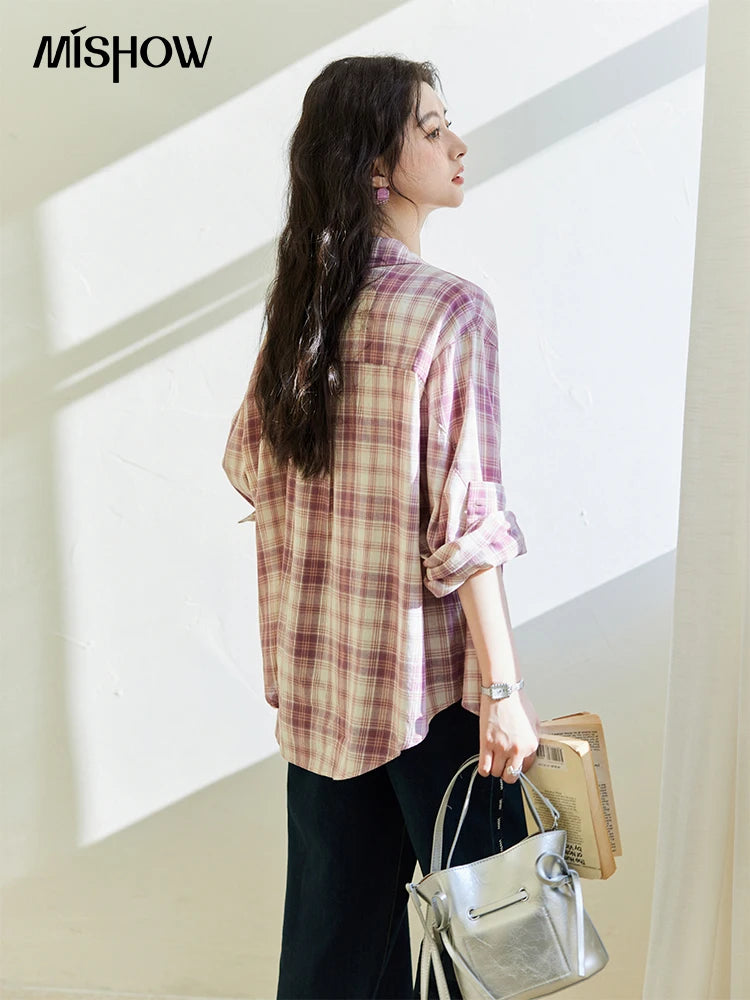 Women’s Purple Plaid Cotton Shirt - Jeglowstore