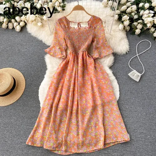2024 Fashion Summer Flower Print Long Dress Women Vintage Square Neck Ruched Chest Chiffon Sundress Party Vestidos