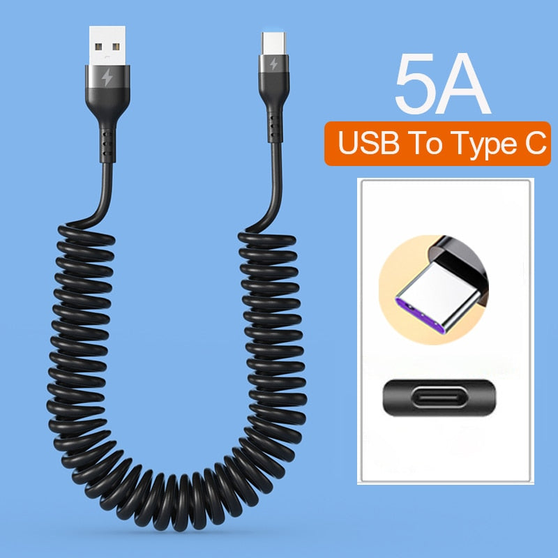 66W 5A USB Type C Data Cable 3A Micro USB Spring Pull Telescopic Fast Charging Cable for Android Phone Accessories Car USB Cable