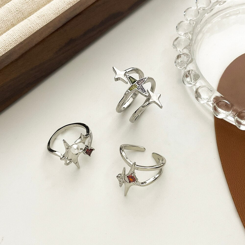 New Design Irregular Zircon Star Ring Creative Spiral Cross Star Open Rings Aesthetic Geometric Jewelry Party Gift