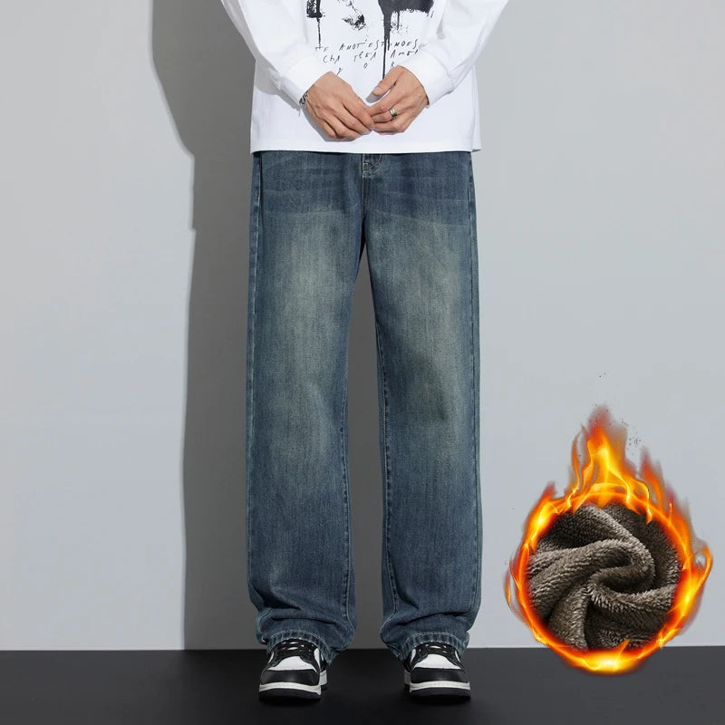 Men’s Korean Fleece Wide Jeans - Jeglowstore