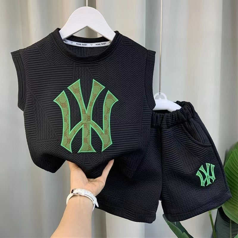New Boutique Desginer Baby Boys Clothing Summer Sleevelesee Pullover Shirt And Pants 2pcs For Kids 2-8 Years Casual Sport Set