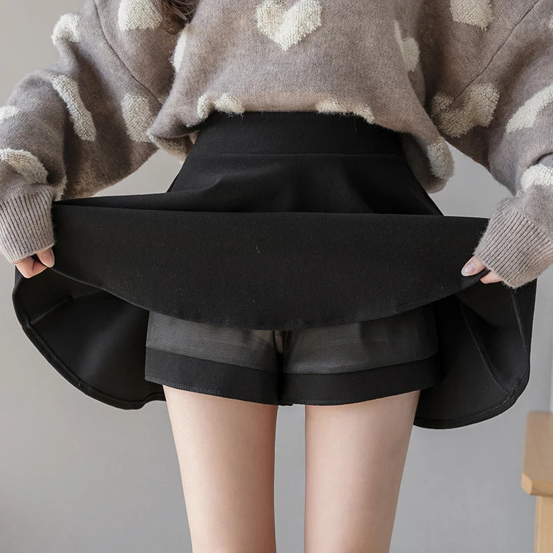 Kawaii Wool Pleated Skater Mini Skirt with Shorts