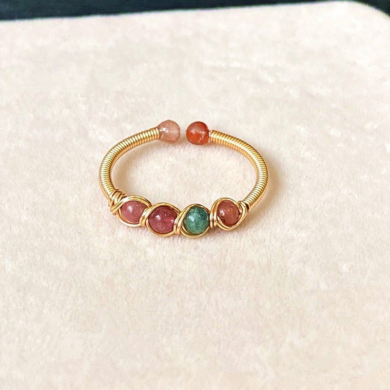 Natural Stone Rainbow Tourmaline Ring Fashion Retro Handmade Metal Wire Winding Beaded Open Adjustable Ring Female Charm Jewelry