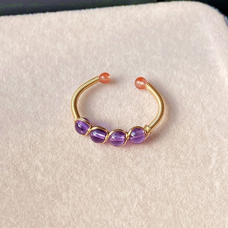 Natural Stone Rainbow Tourmaline Ring Fashion Retro Handmade Metal Wire Winding Beaded Open Adjustable Ring Female Charm Jewelry