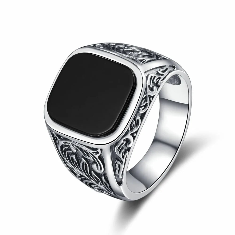 Men’s Black Agate Sterling Silver Ring - Jeglowstore