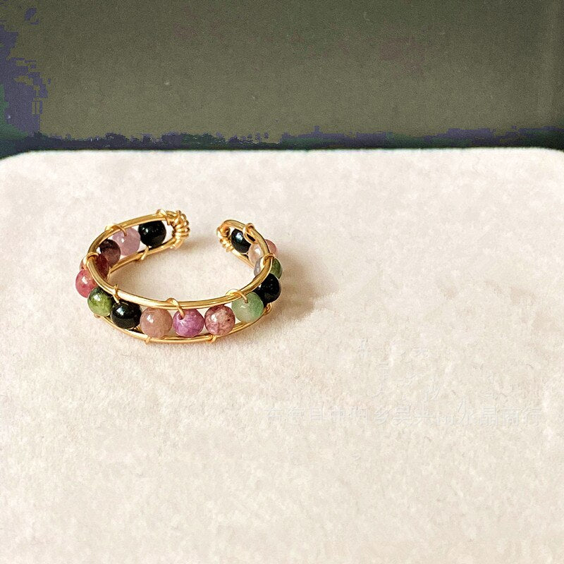 Natural Stone Rainbow Tourmaline Ring Fashion Retro Handmade Metal Wire Winding Beaded Open Adjustable Ring Female Charm Jewelry