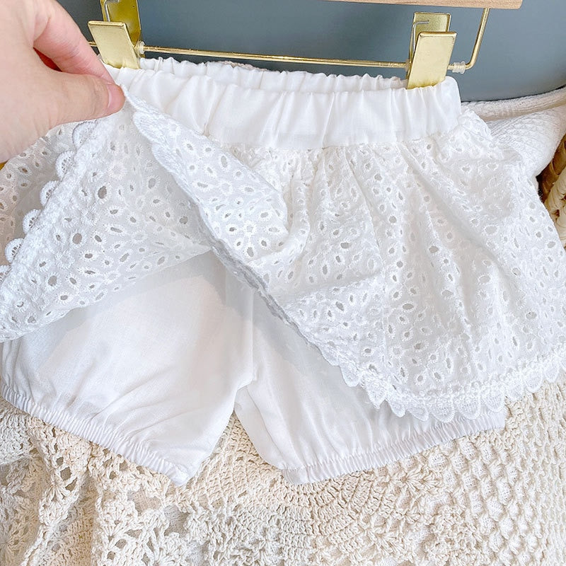 Girls 2022 Summer Clothing Sets Hollow Lace Suit Baby Casual Sleeveless T-shirt+Shorts Kids Clothing Sets Baby Clothes Outfits