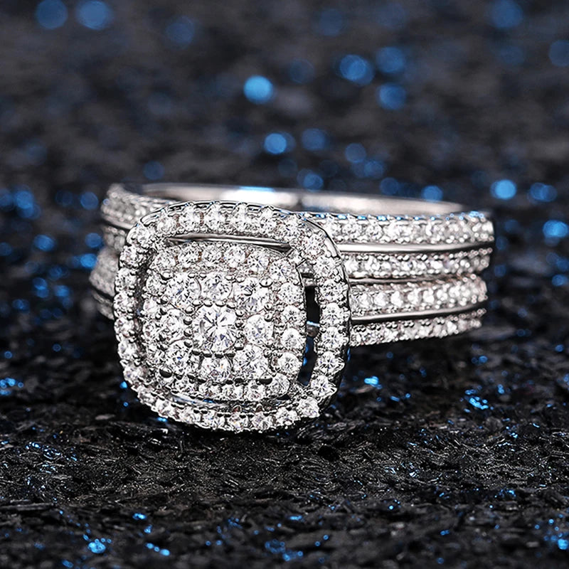 Huitan Fashion Cushion Shaped Cubic Zirconia 2Pcs Set Rings for Women Elegant Wedding Bridal Rings Bling Hot Jewelry Wholesale