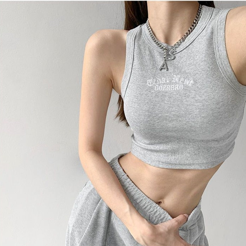 Women's Tank Top Ribbed Knitted Embroidery Letter Vest Female Summer Clothing Crop top White Black Casual Short Tight Sport Tops
