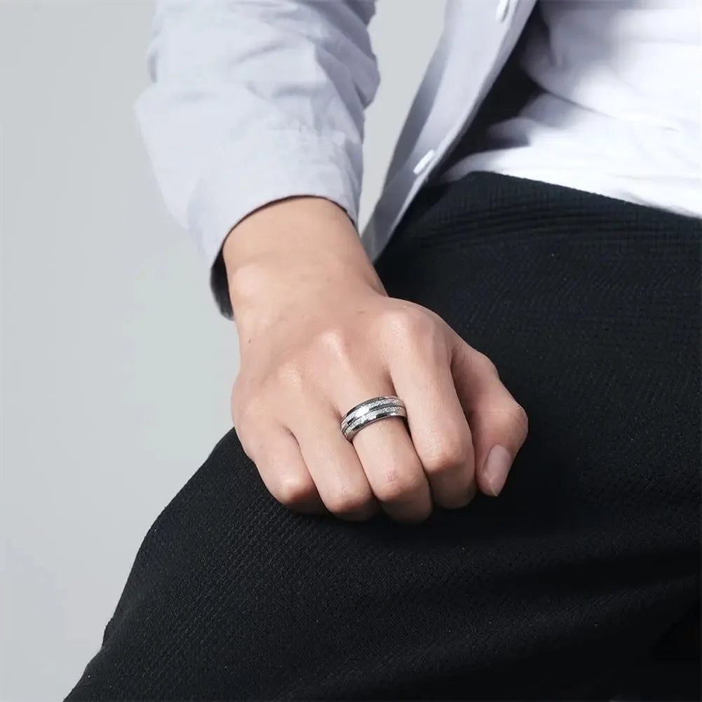 Titanium Wedding Band with Silver Double Groove & Meteorite Inlay - Jeglowstore