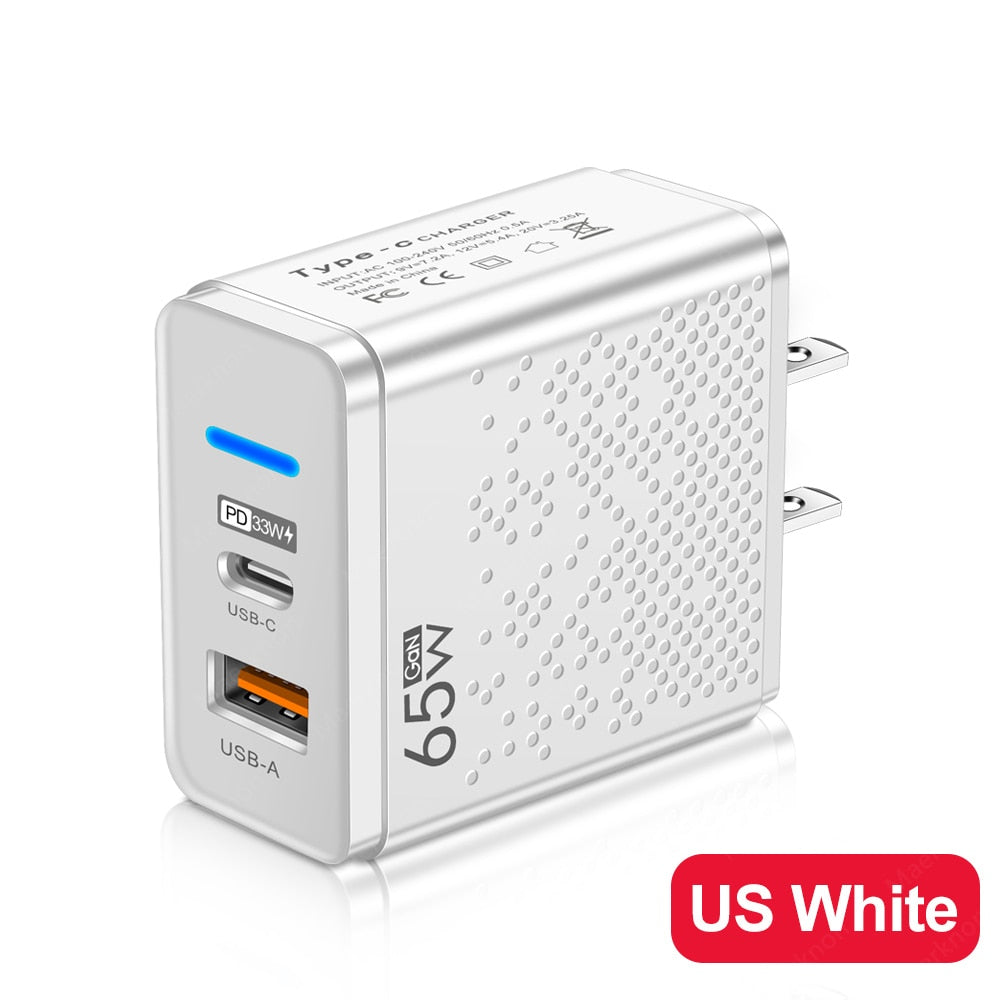 GaN 65W USB C Charger PD Type C Fast Charging Wall Adapter For iPhone 14 13 Xiaomi Samsung Macbook Quick Charge3.0 Phone Charger