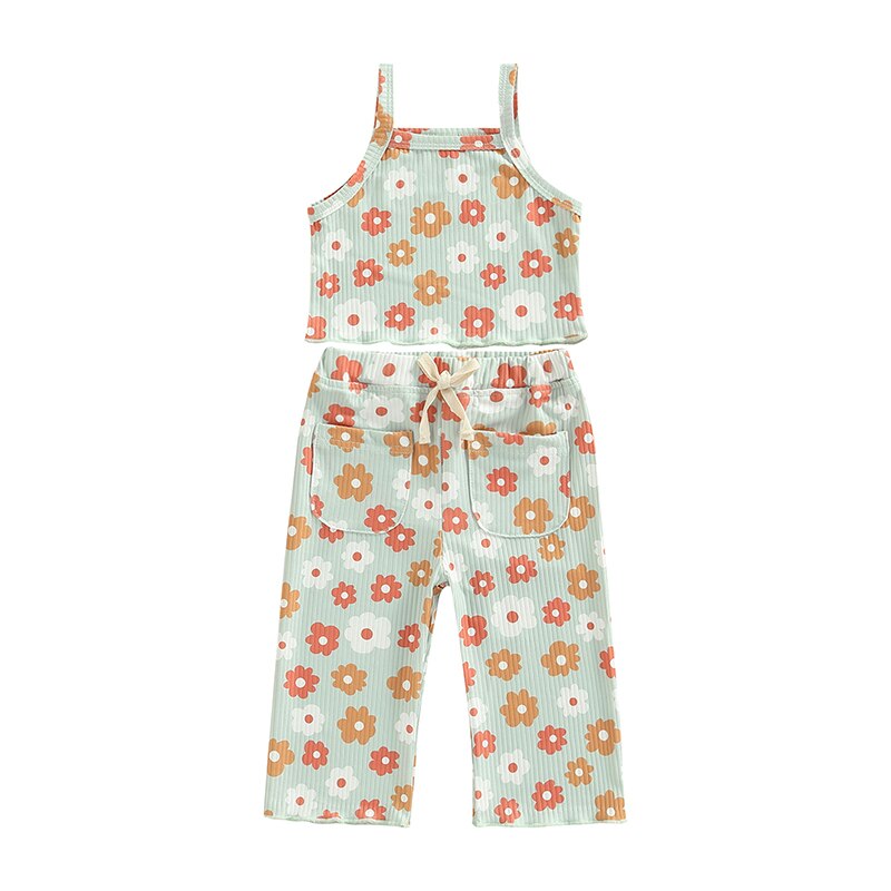 Lovely Children Summer Clothing Sets Ribbed Floral Print Sleeveless Tanks Tops+Elastic Waist Pocket Long Pants Casual Outfits