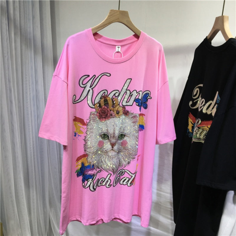 L-4XL Plus Size Tops Rhinestone Graphic T-shirt