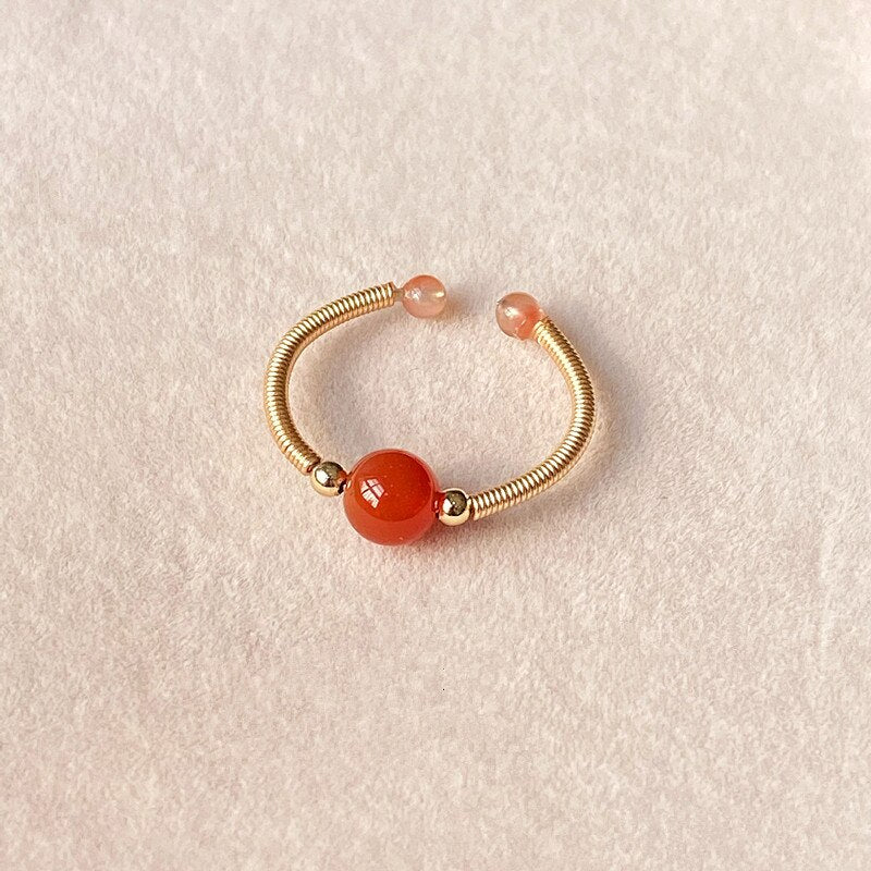 Natural Stone Rainbow Tourmaline Ring Fashion Retro Handmade Metal Wire Winding Beaded Open Adjustable Ring Female Charm Jewelry