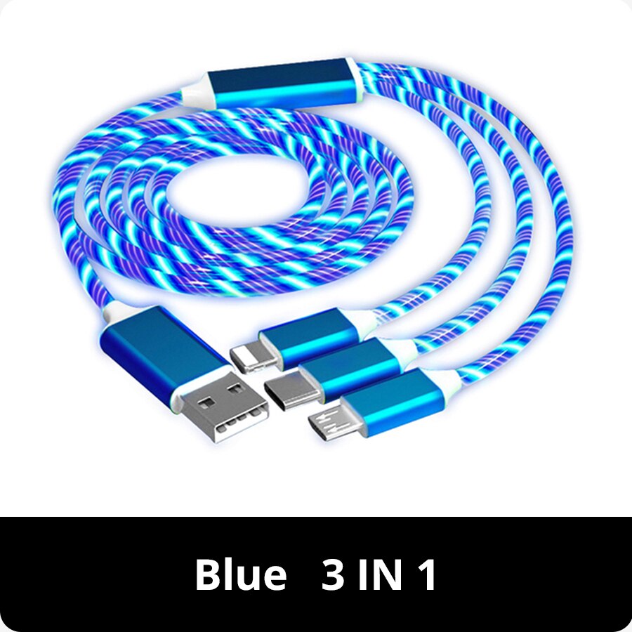 3 in 1 3A Fast Charging Glowing LED Light Micro USB Type C Cable For iPhone Samsung Xiaomi Redmi Phone Charger USB Cable