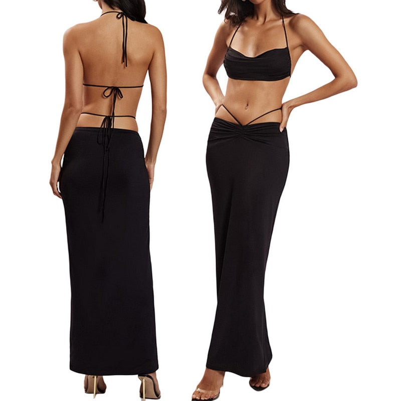 Two Piece Skirt Set Women's Suit y2k Clothes Summer 2023 Sexy Outfit Cropped Top and Split Skirt Chic Elegant Female Clothing