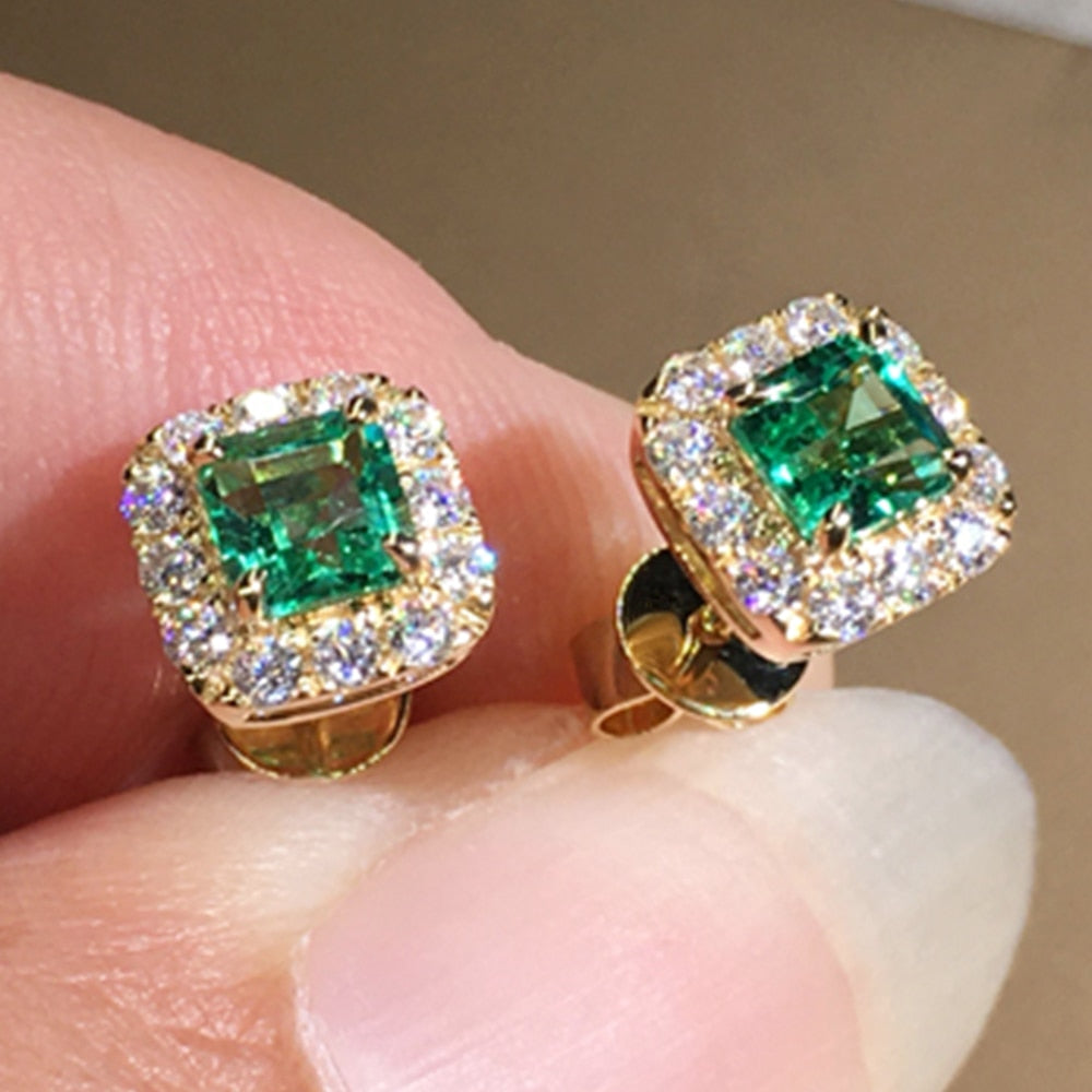 Huitan Eternity Green CZ Stud Earrings for Women Gold Color Luxury Bride Wedding Earrings Elegant Ear Accessories Party Jewelry
