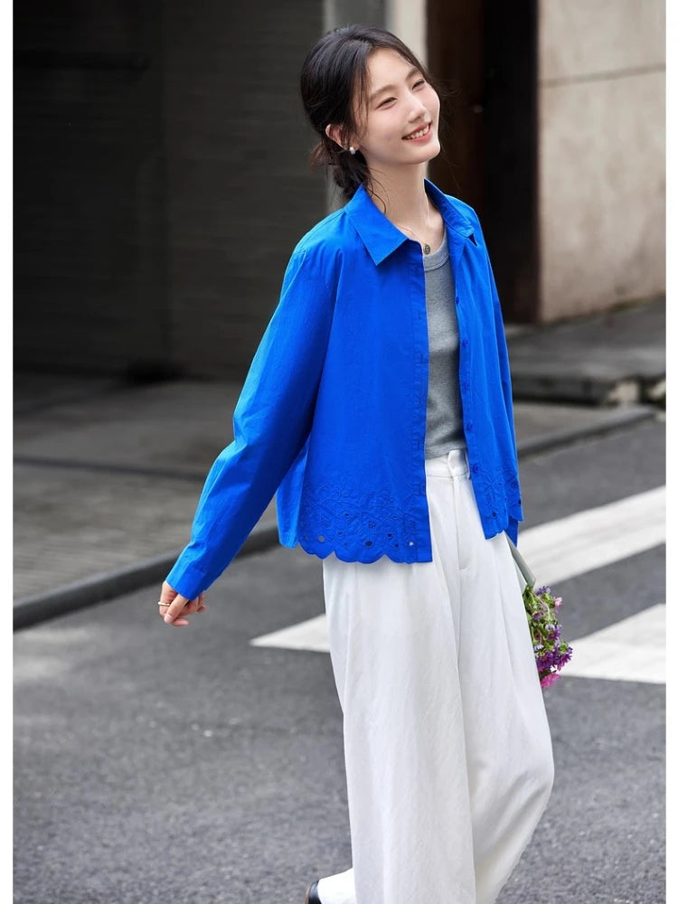 Women’s Blue Embroidery Cotton Shirt - Jeglowstore
