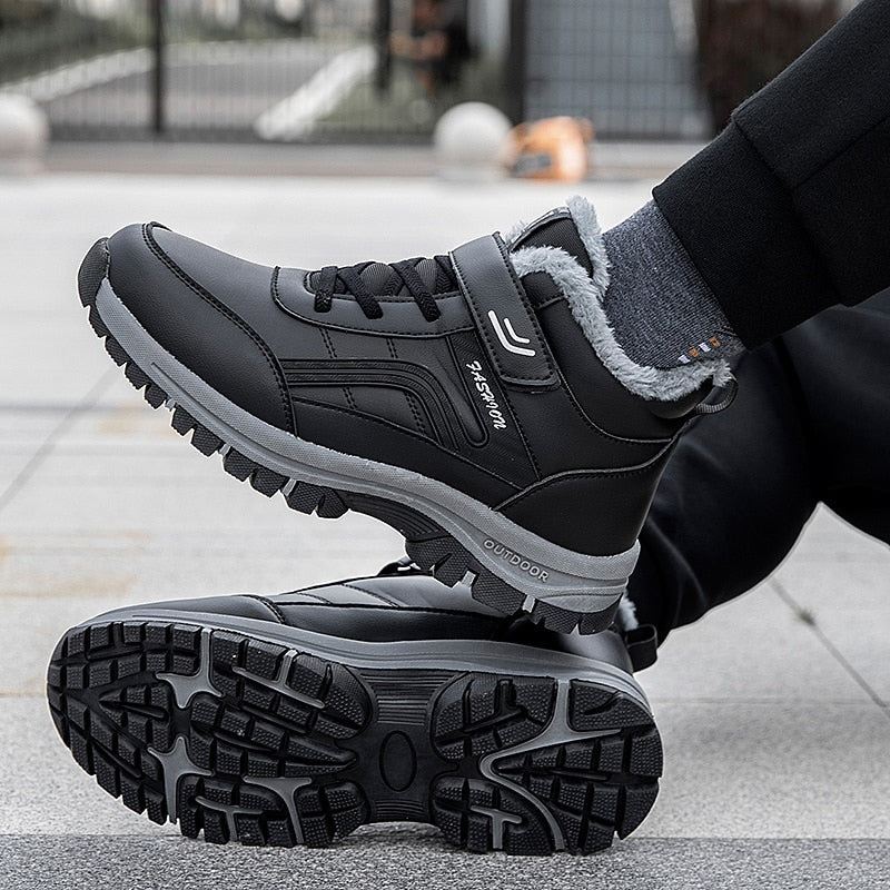 Women Men Boots Winter Snow Boots Outdoor Non-slip Sneakers Plush Leather Waterproof Boots Man High Quality Lace-up Hiking Shoes