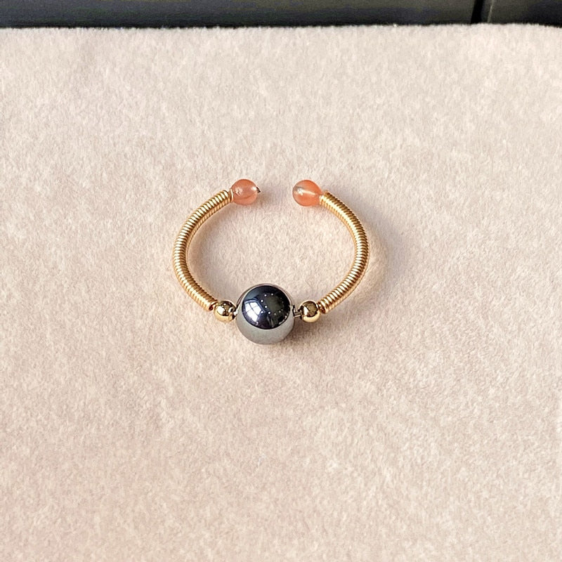 Natural Stone Rainbow Tourmaline Ring Fashion Retro Handmade Metal Wire Winding Beaded Open Adjustable Ring Female Charm Jewelry