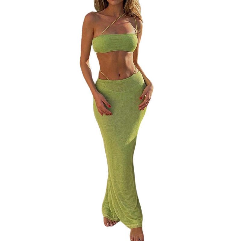 Two Piece Skirt Set Women's Suit y2k Clothes Summer 2023 Sexy Outfit Cropped Top and Split Skirt Chic Elegant Female Clothing