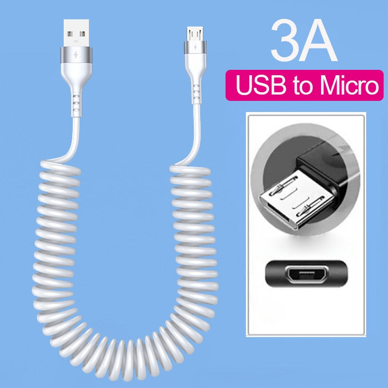 66W 5A USB Type C Data Cable 3A Micro USB Spring Pull Telescopic Fast Charging Cable for Android Phone Accessories Car USB Cable