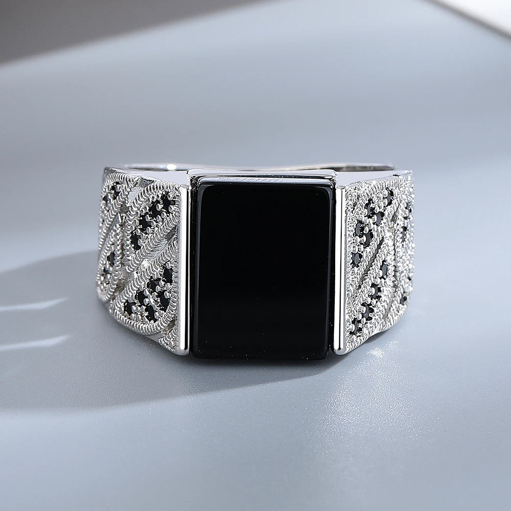Vintage Black Agate Silver Ring - Jeglowstore