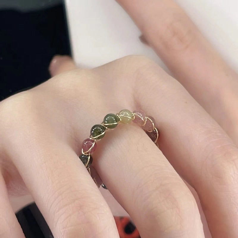 Natural Stone Rainbow Tourmaline Ring Fashion Retro Handmade Metal Wire Winding Beaded Open Adjustable Ring Female Charm Jewelry