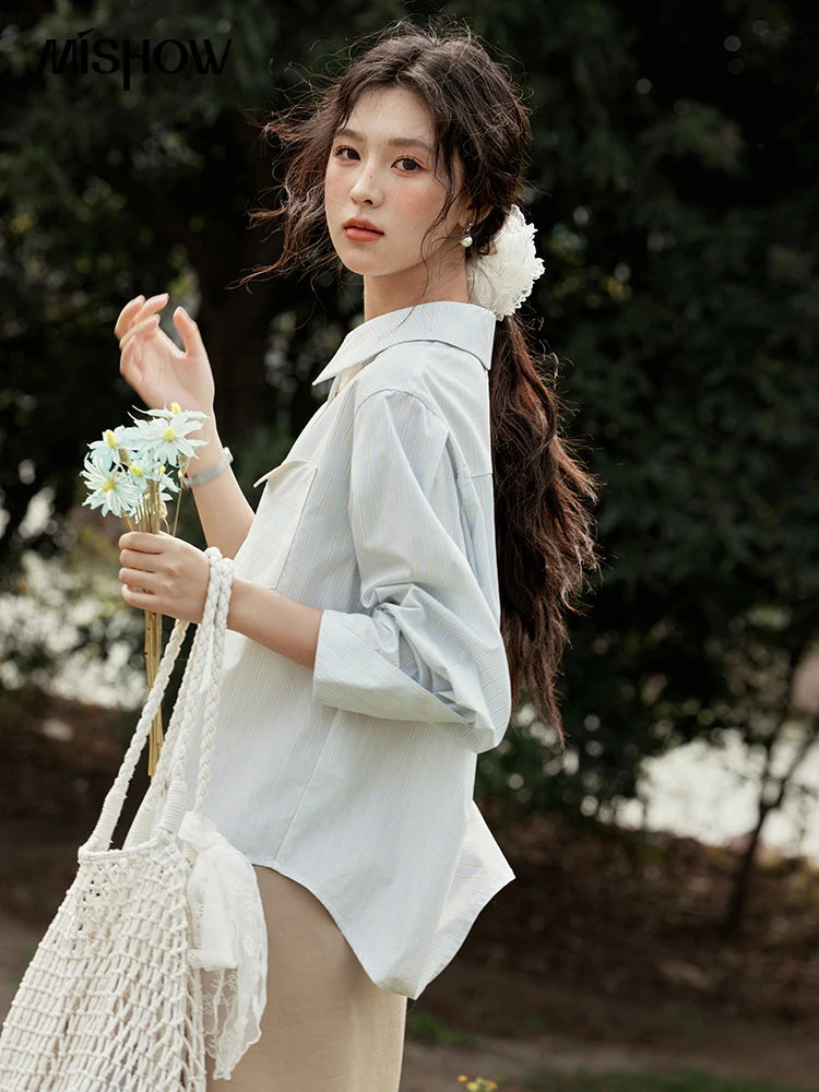 Women’s Contrast Placket Stripe Shirt - Jeglowstore