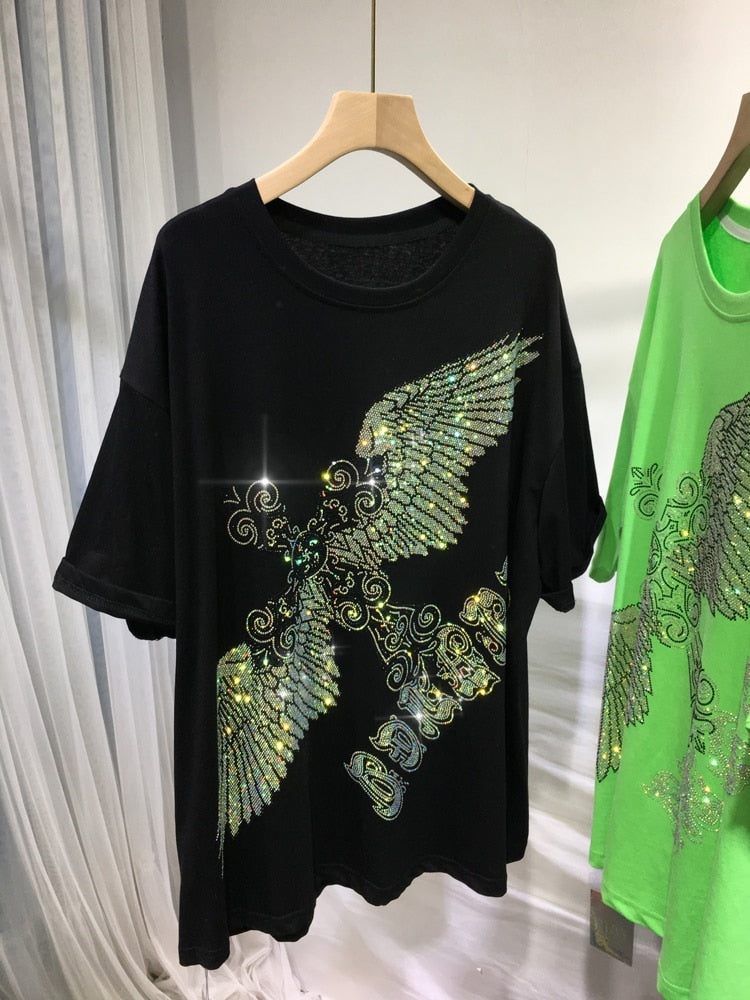 L-4XL Plus Size Tops Rhinestone Graphic T-shirt