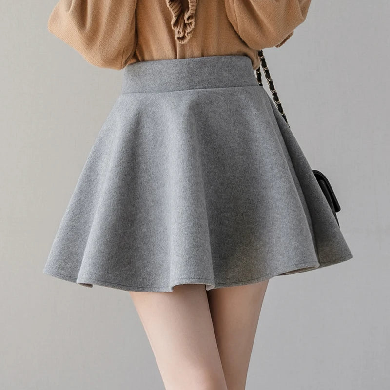 Kawaii Wool Pleated Skater Mini Skirt with Shorts