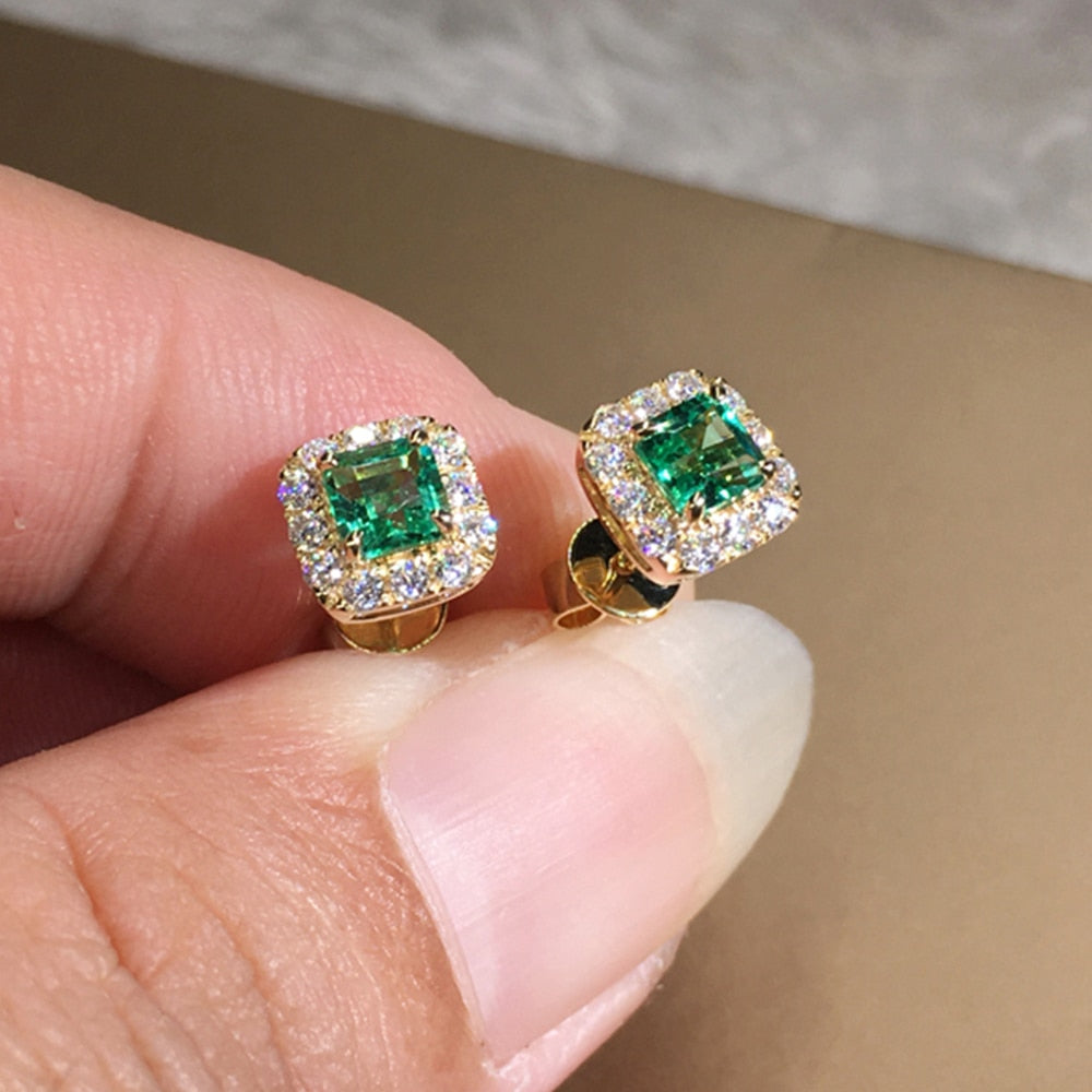Huitan Eternity Green CZ Stud Earrings for Women Gold Color Luxury Bride Wedding Earrings Elegant Ear Accessories Party Jewelry