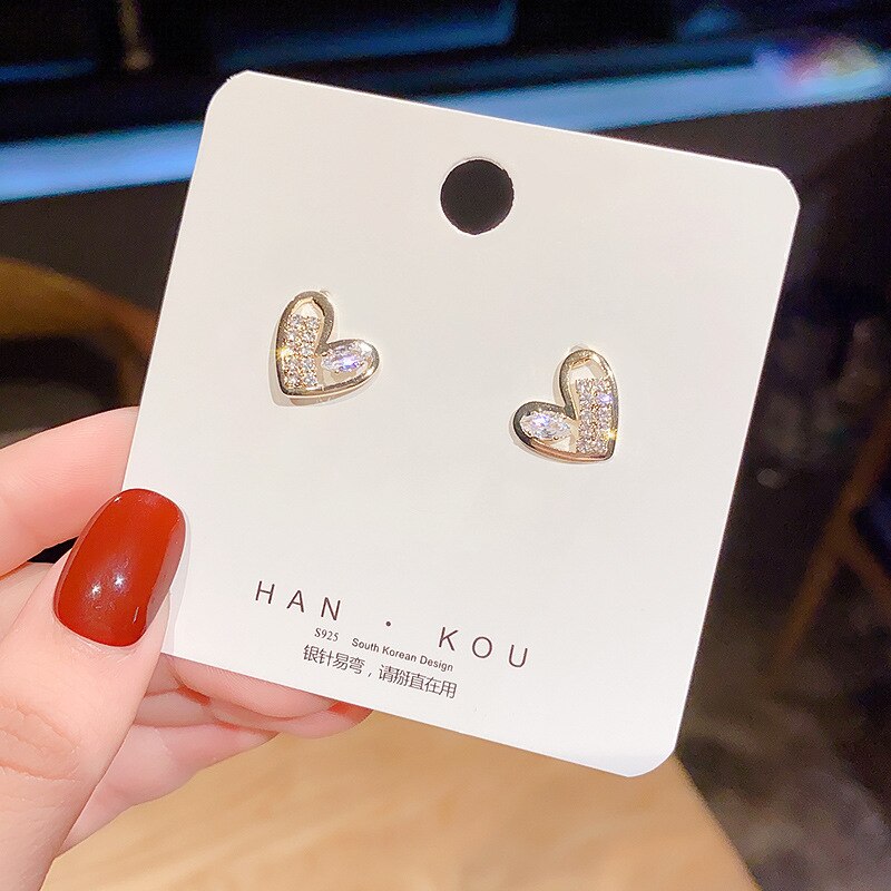 Fashion Rhinestone Stitching Heart Small Stud Earrings Pink Girls Daily Wear Earrings Girl Gift Jewelry 2022