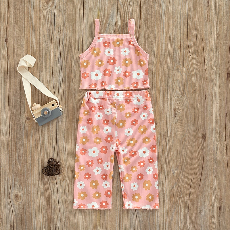 Lovely Children Summer Clothing Sets Ribbed Floral Print Sleeveless Tanks Tops+Elastic Waist Pocket Long Pants Casual Outfits