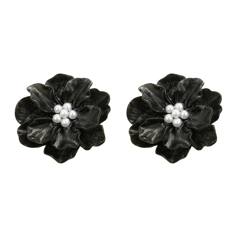 Women Resin Flowers Faux Pearls Earrings Ear Studs Black Red White Flower Women's Earrings Girl Party Stud Acrylic Accessories