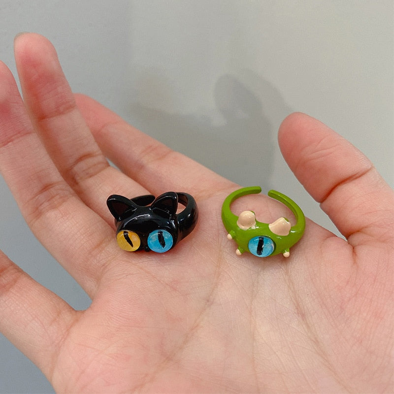 Punk eyes ring Cute Green Monster Ring For Women Fashion Sweet Two Color Cat Eyes Open Couple Ring party Finger Accessories