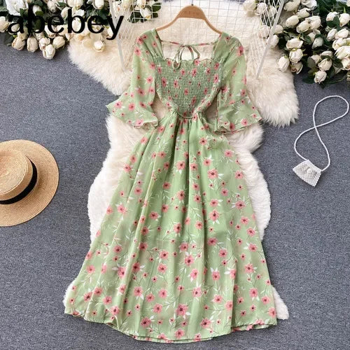 2024 Fashion Summer Flower Print Long Dress Women Vintage Square Neck Ruched Chest Chiffon Sundress Party Vestidos