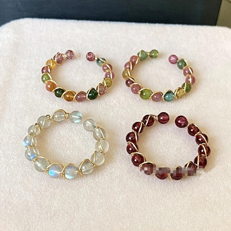 Natural Stone Rainbow Tourmaline Ring Fashion Retro Handmade Metal Wire Winding Beaded Open Adjustable Ring Female Charm Jewelry