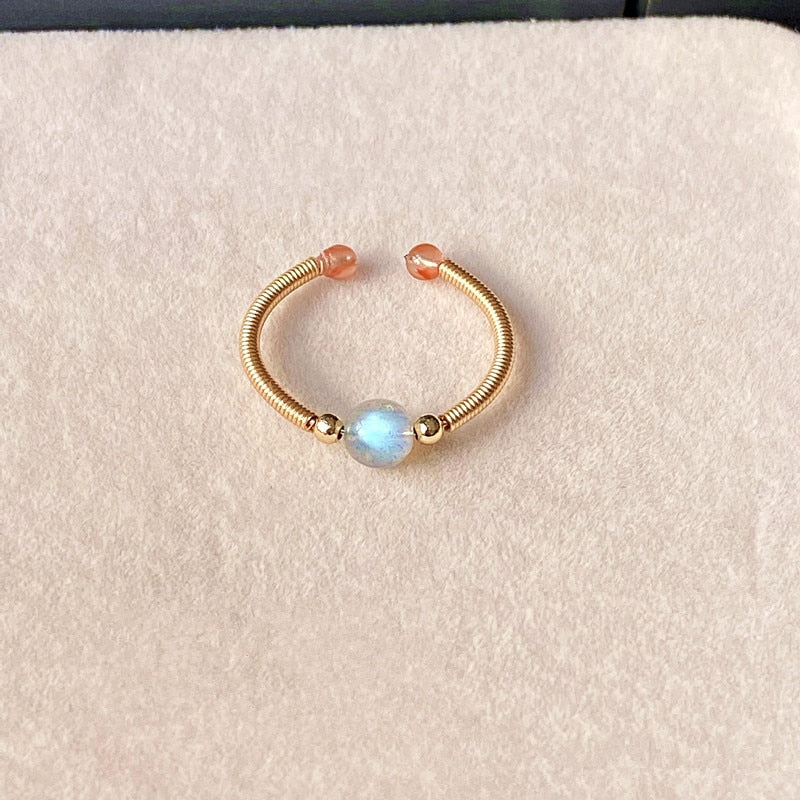 Natural Stone Rainbow Tourmaline Ring Fashion Retro Handmade Metal Wire Winding Beaded Open Adjustable Ring Female Charm Jewelry