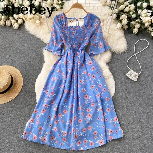 2024 Fashion Summer Flower Print Long Dress Women Vintage Square Neck Ruched Chest Chiffon Sundress Party Vestidos