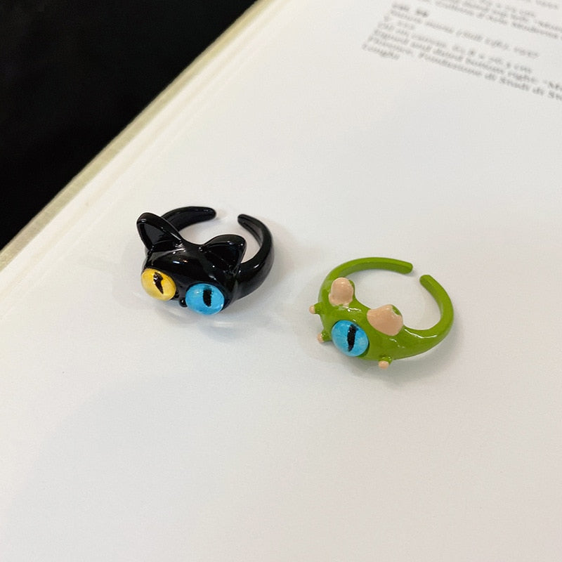 Punk eyes ring Cute Green Monster Ring For Women Fashion Sweet Two Color Cat Eyes Open Couple Ring party Finger Accessories