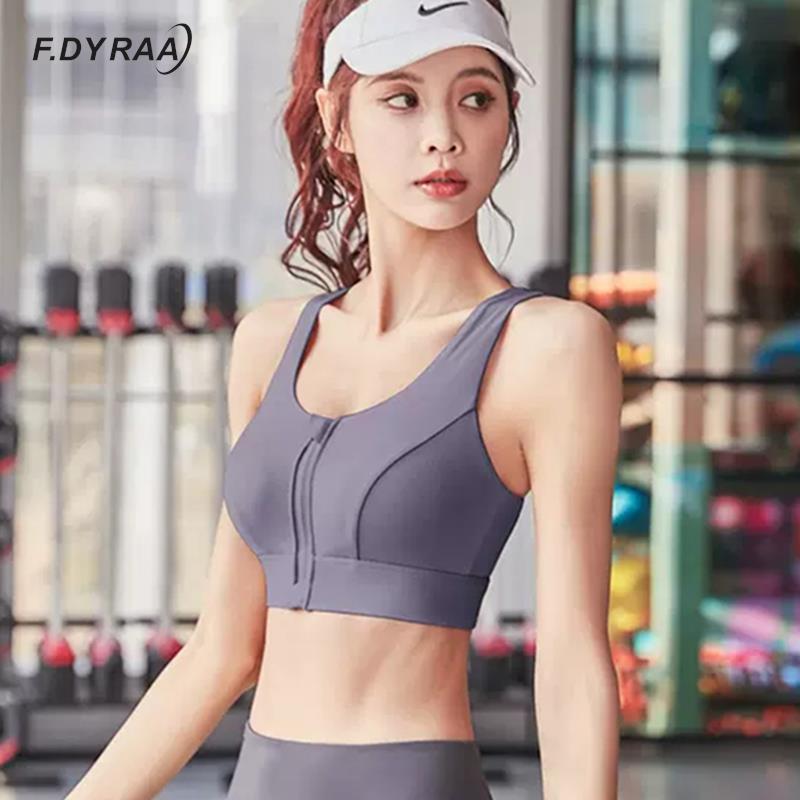 F.DYRAA Sports Gym Bra Women Front Zipper Gym Yoga Top Shockproof Gathered Sports Bra Athletic Vest Back Hollow Out Sportswear