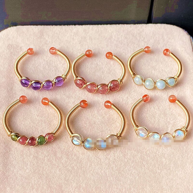 Natural Stone Rainbow Tourmaline Ring Fashion Retro Handmade Metal Wire Winding Beaded Open Adjustable Ring Female Charm Jewelry