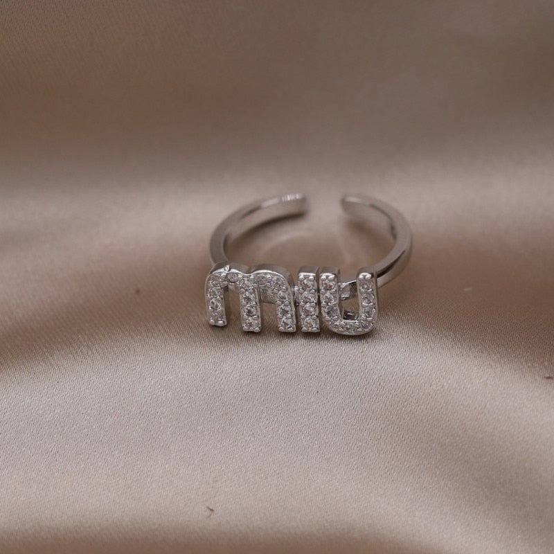 2023 Korean New Design Fashion Jewelry 14K Gold Plated Letter M Zircon Open Ring Elegant Women's Daily Work Accessories