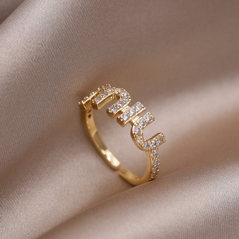 2023 Korean New Design Fashion Jewelry 14K Gold Plated Letter M Zircon Open Ring Elegant Women's Daily Work Accessories