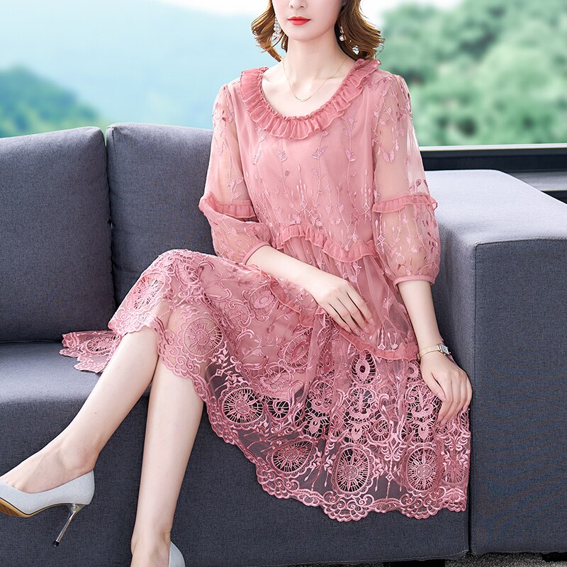 Women's Silk Embroidered Dress 2022 Summer New Large Size Loose Tight Printed Swing Skirt High End Elegant Party Skirt Vestidos