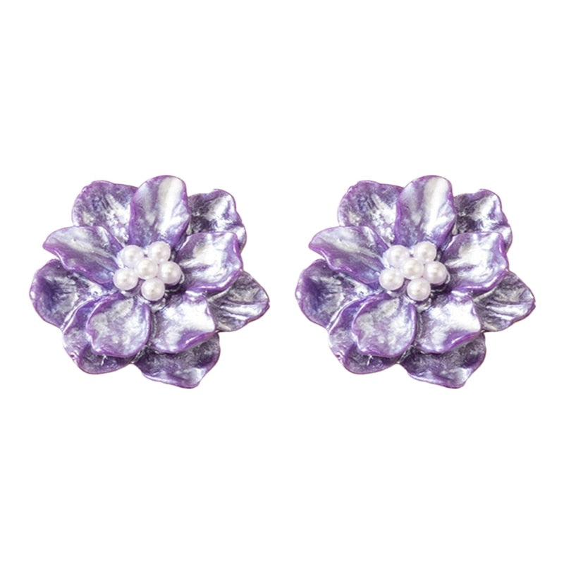 Women Resin Flowers Faux Pearls Earrings Ear Studs Black Red White Flower Women's Earrings Girl Party Stud Acrylic Accessories