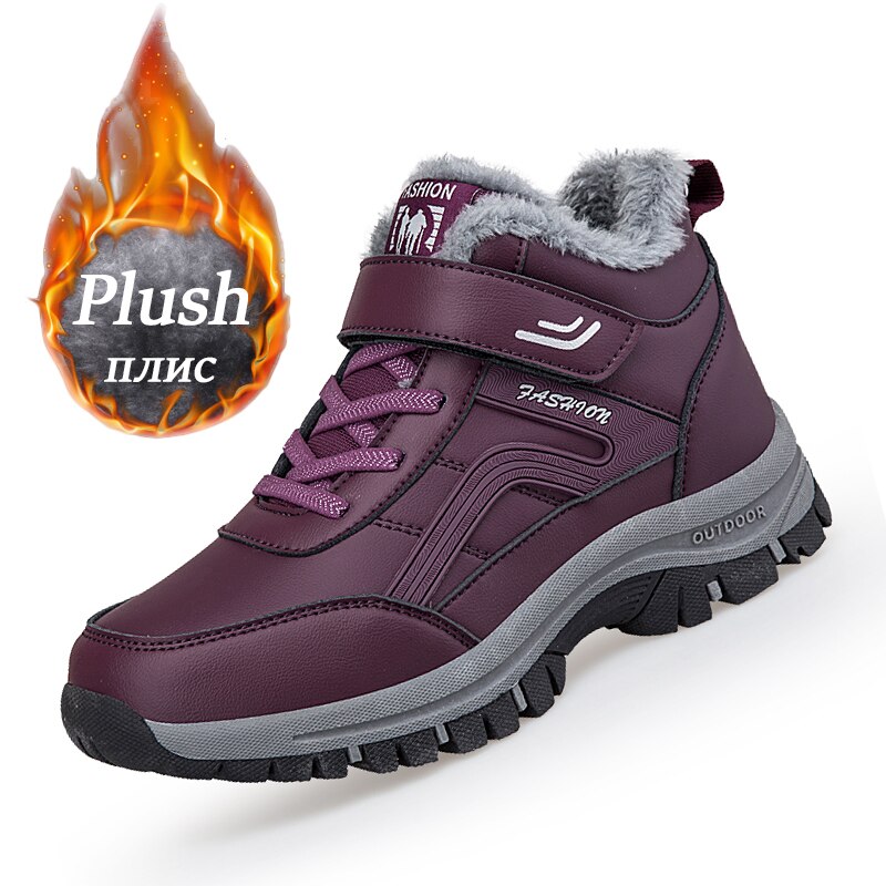 Women Men Boots Winter Snow Boots Outdoor Non-slip Sneakers Plush Leather Waterproof Boots Man High Quality Lace-up Hiking Shoes