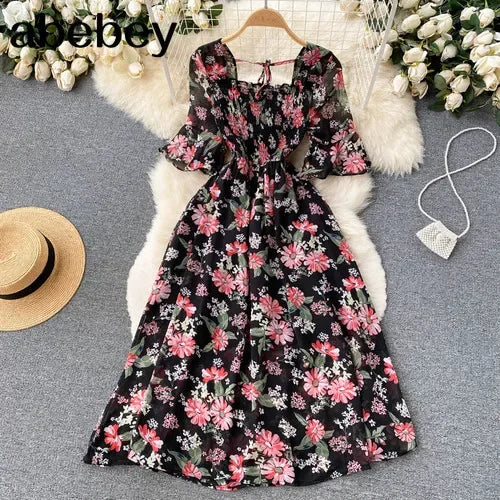 2024 Fashion Summer Flower Print Long Dress Women Vintage Square Neck Ruched Chest Chiffon Sundress Party Vestidos